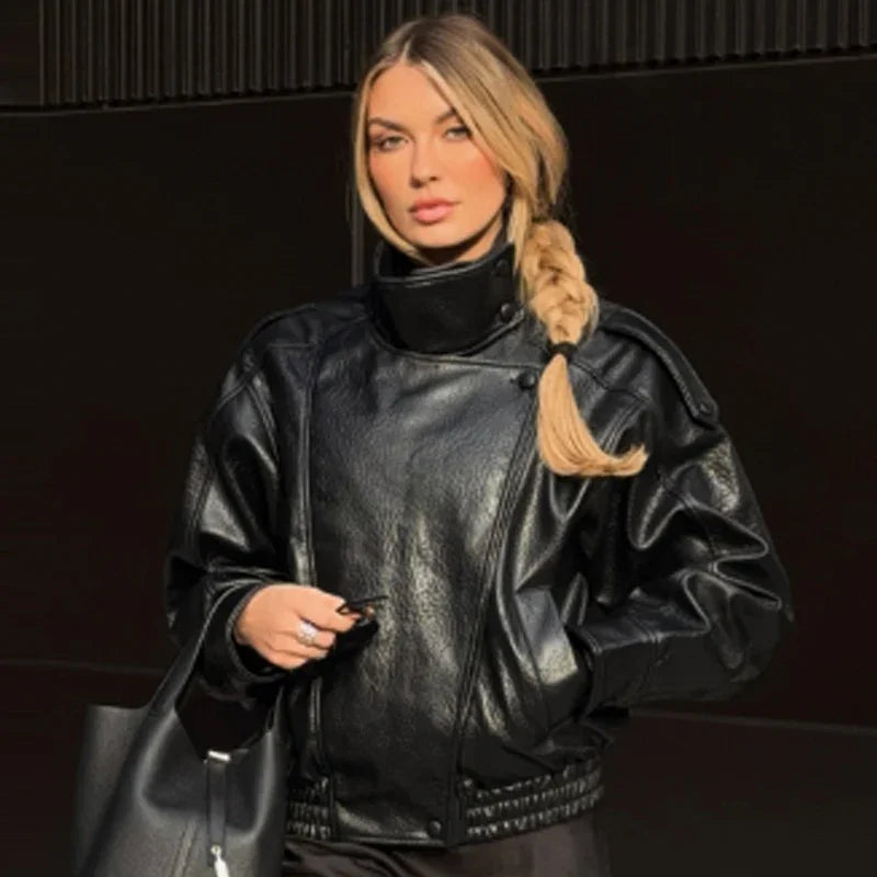 Cropped Oversized Black Leather Bomber Jacket for Women