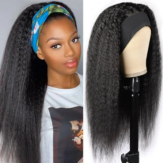 Kinky Straight Headband Wig Human Hair Yaki Headband Wig Full Machine Made Wigs  Yaki Natural Color Brazilian Remy Hair Wig 180%