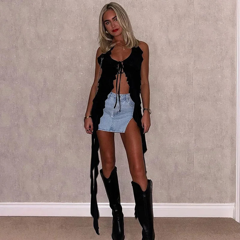 Y2K Sheer Mesh Spaghetti Strap Camisole Top White Ruffle Fringe Halter Tops Coquette Fairy Core Clothes 2024 Fashion