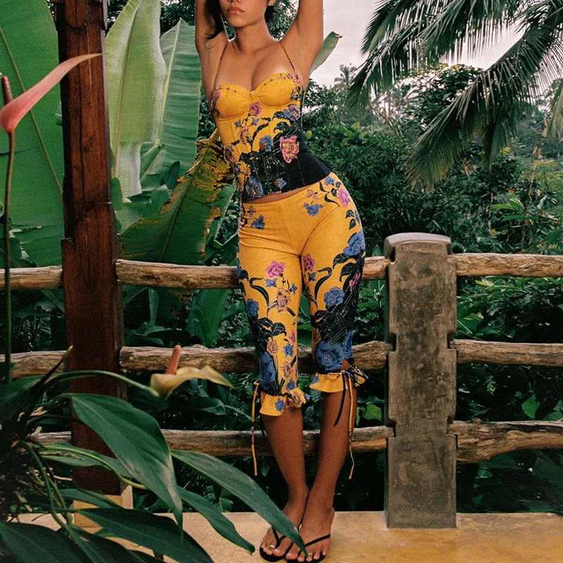 Floral Backless Lace Up Top And Skirt Set for Women