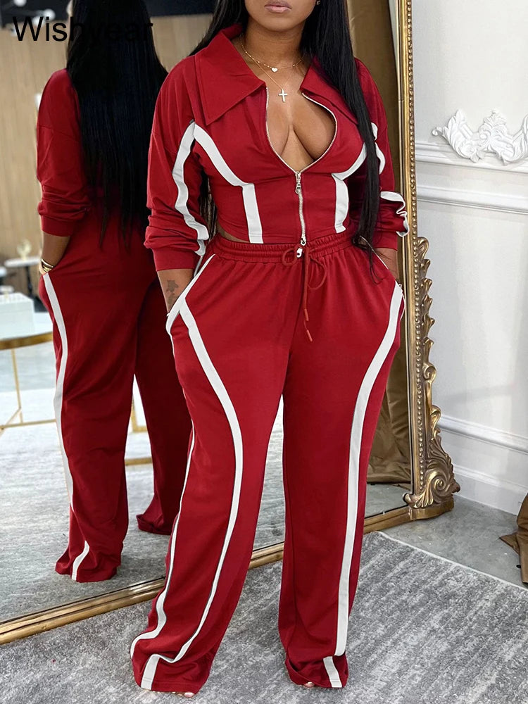 Stripe Patchwork Lapel Tracksuit Set
