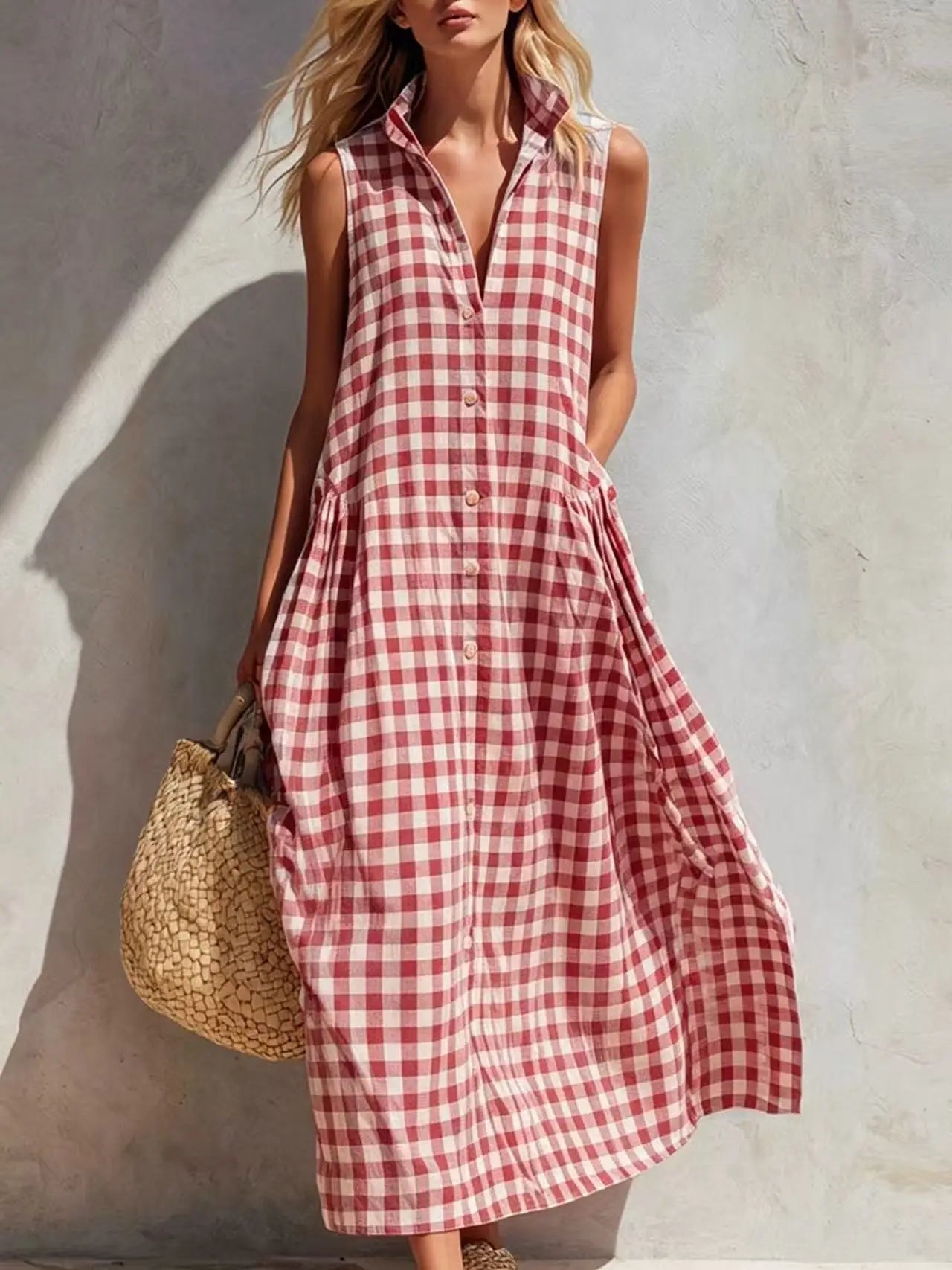 Loose Plaid Sleeveless Single Breasted Maxi Dress for Women