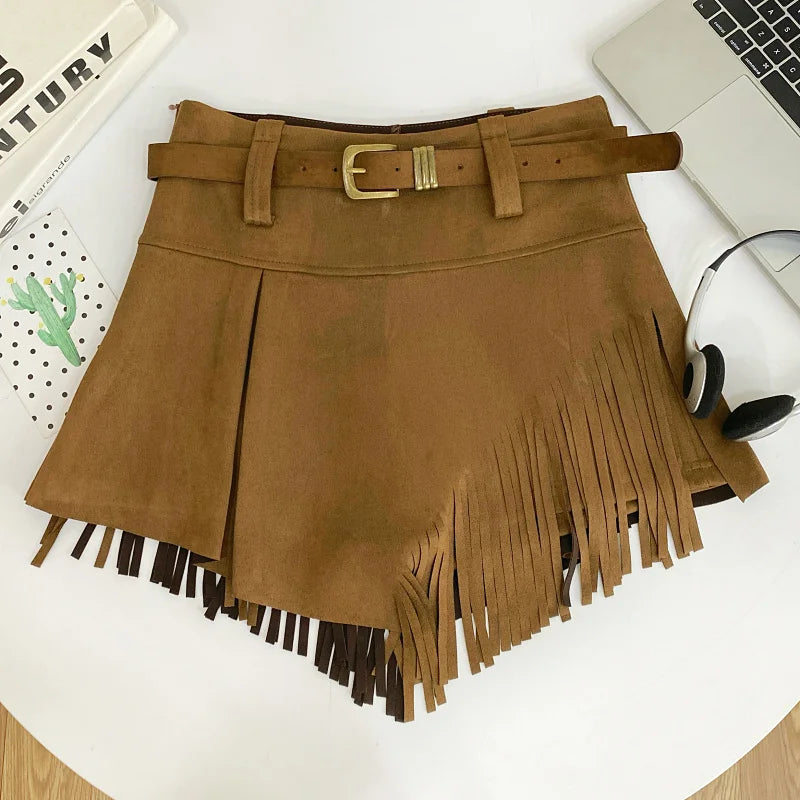 Tassel Detail Faux Suede Shorts