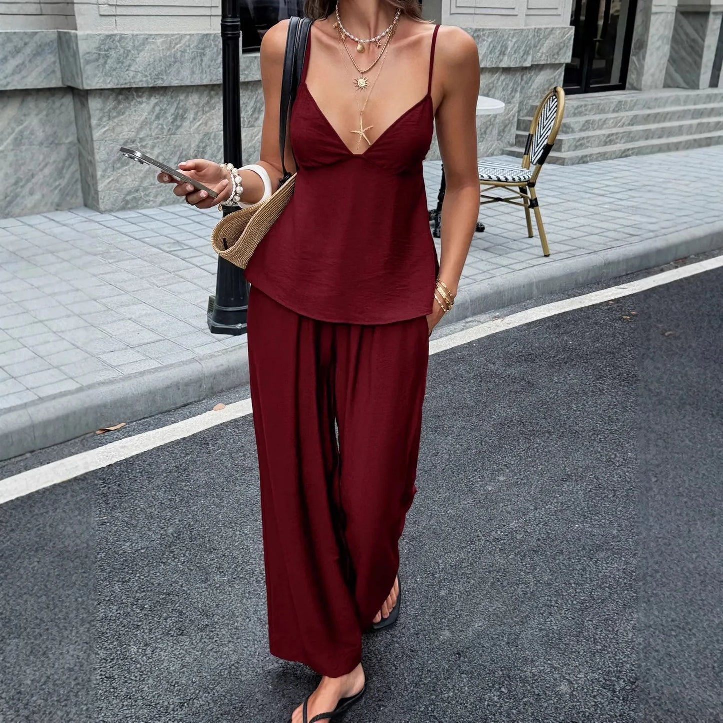 Solid Color V Neck Spaghetti Strap Cami Set for Women