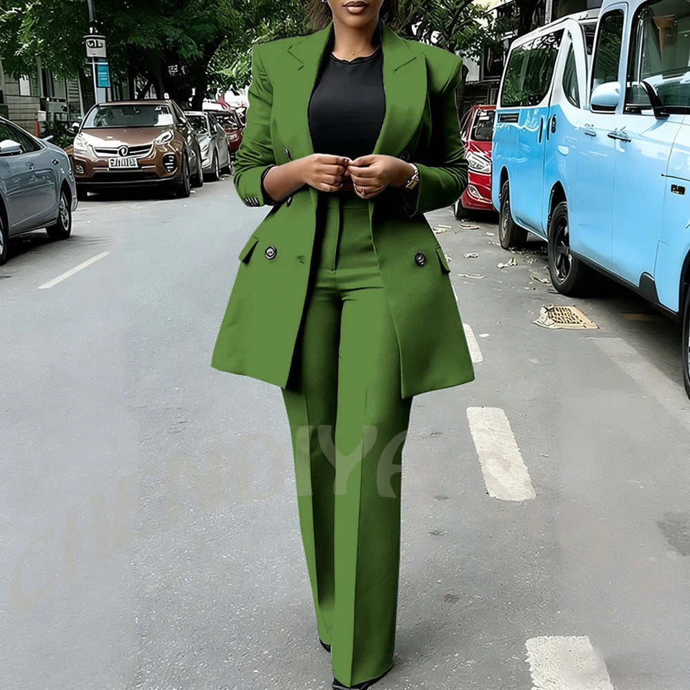 High Quality Women Suits Double Breasted Straight Formal 2 Piece Jacket Pants Peak Lapel High Street Daily Office Casual Suit