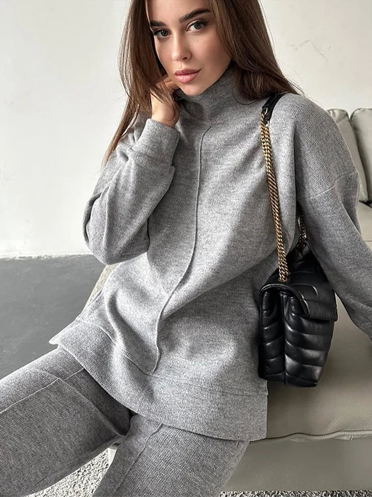 Solid Turtleneck Sweatshirt Set With Wide Leg Pants for Women