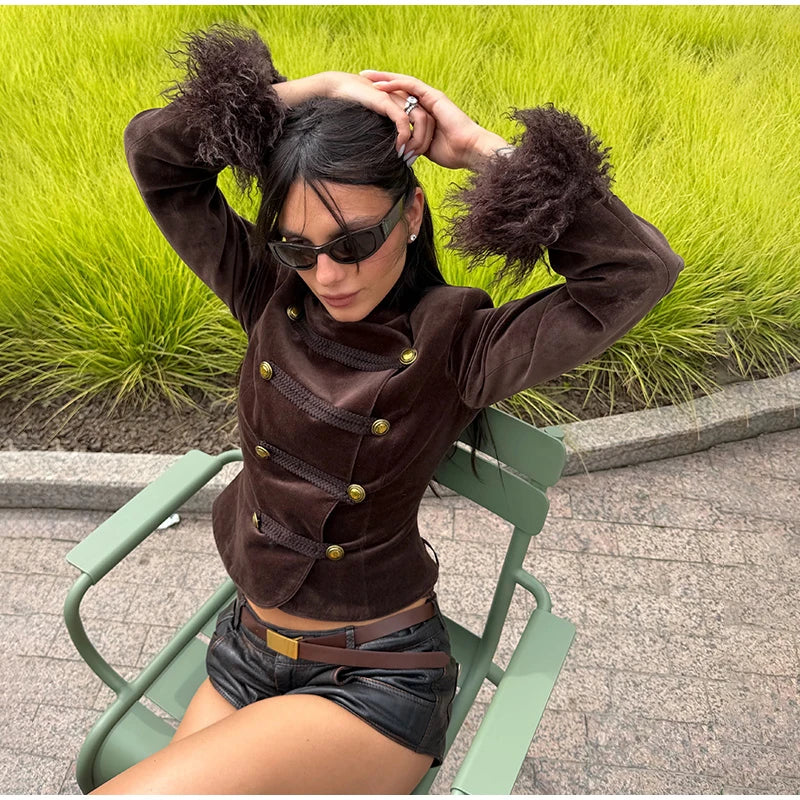 Feather Patchwork Double Breasted Stand Collar Coat for Women
