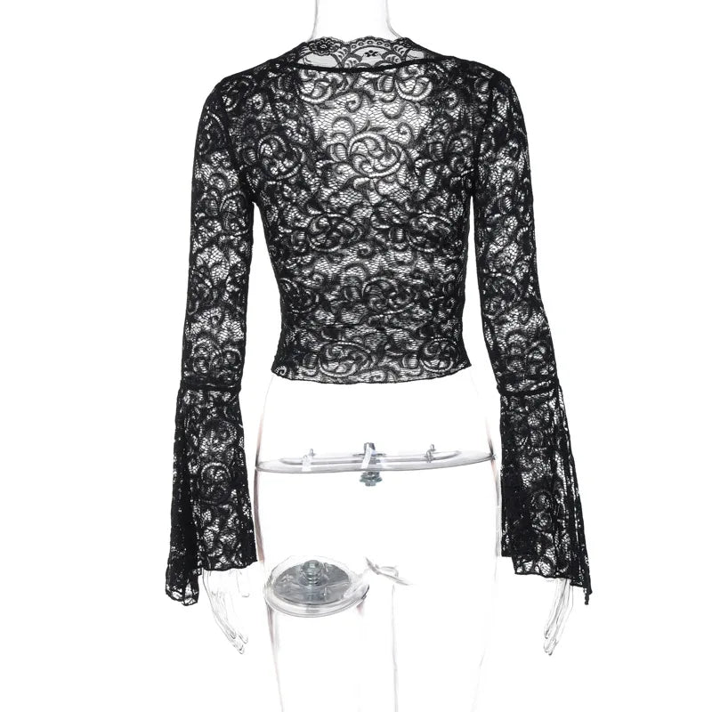 Aesthetic Lace Top Women Sexy Clothing See Through Deep V Neck Flared Long Sleeve T Shirts Party Clothes Clubwear