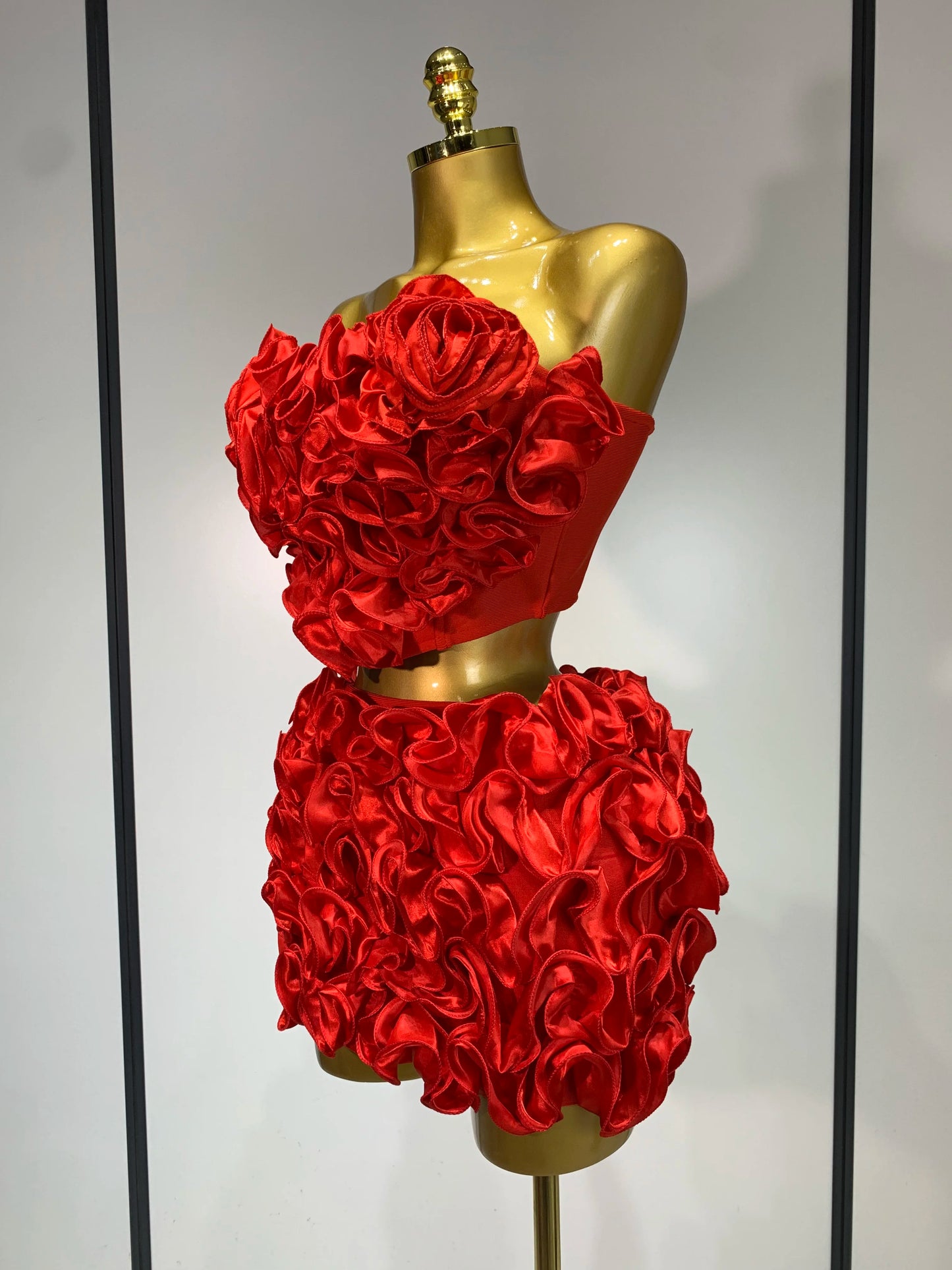 Women Sexy Strapless Red flower Top With Mini Skirt Bodycon Bandage Suit Celebrity Party Cocktail Birthday Two Pieces Set