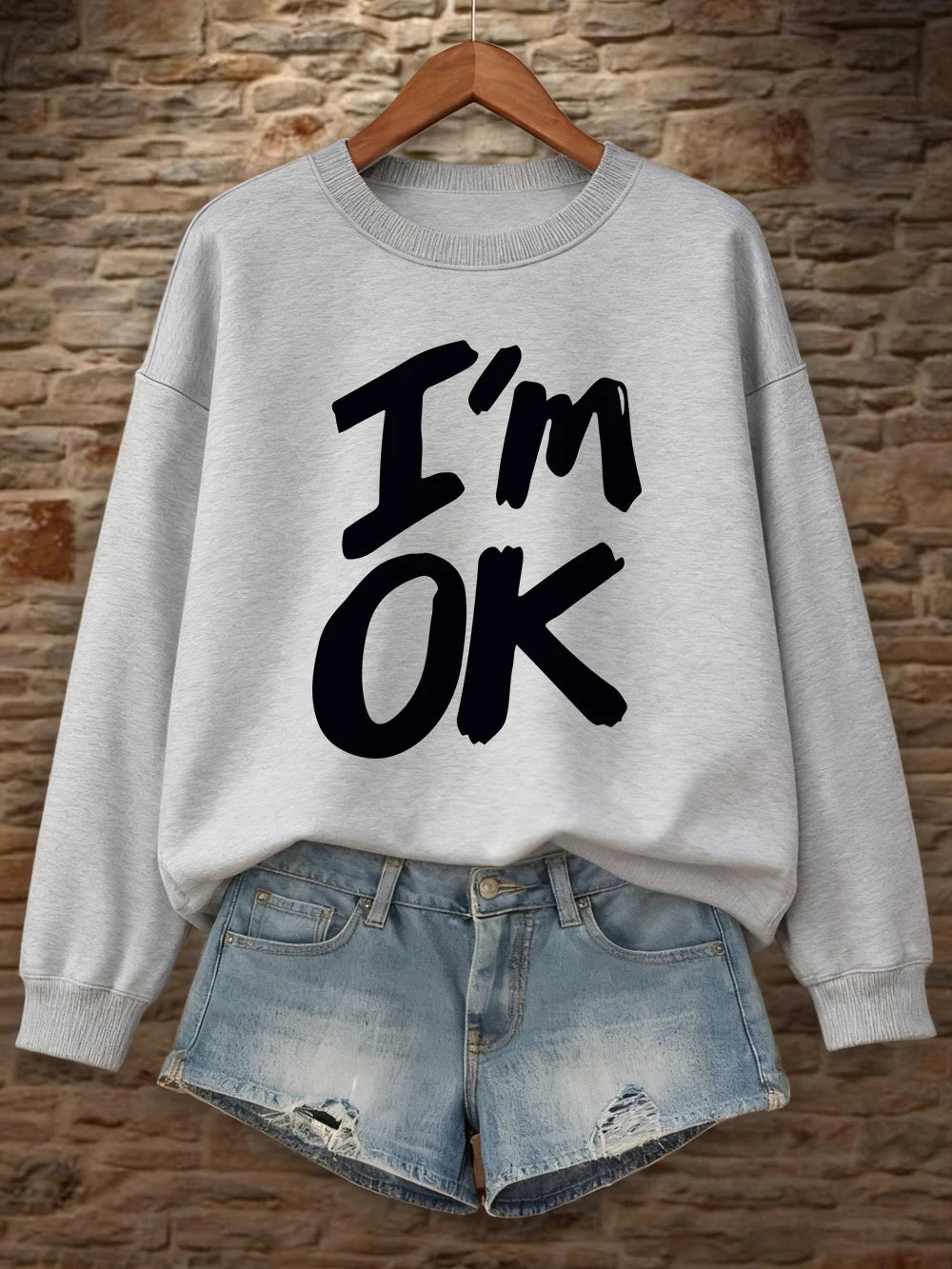 I'M Okay Letter Printed Sweatshirts Womens Autumn Winter Casual Hoodie Fleece Warm Crewneck Pullovers Street Loose Woman Clothes