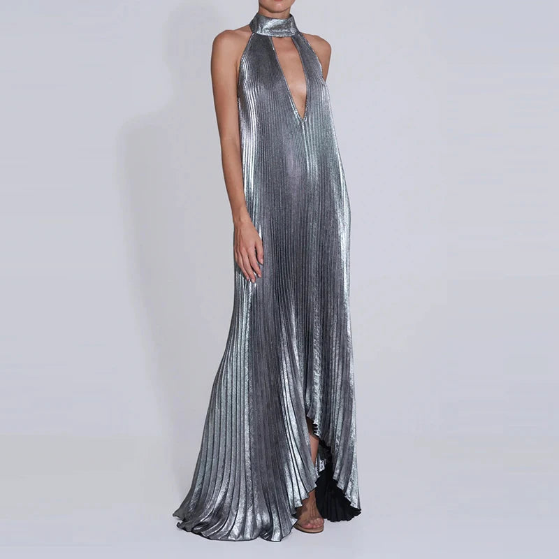 Metallic Halter Hollow Out Pleated Maxi Dress for Women