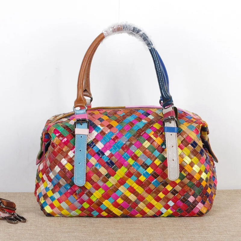 Woven tote bag, genuine leather, women's bag, cowhide, colorful retro casual buckle, women's hand-held multi-layer crossbody bag