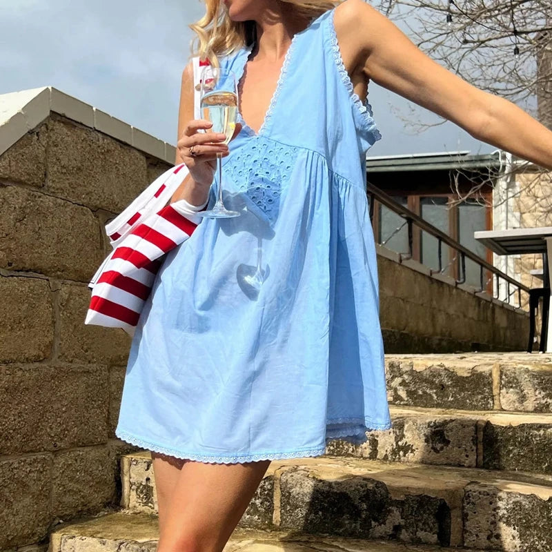 Boho Lace Trim V-Neck A-Line Flowy Mini Dress for Women
