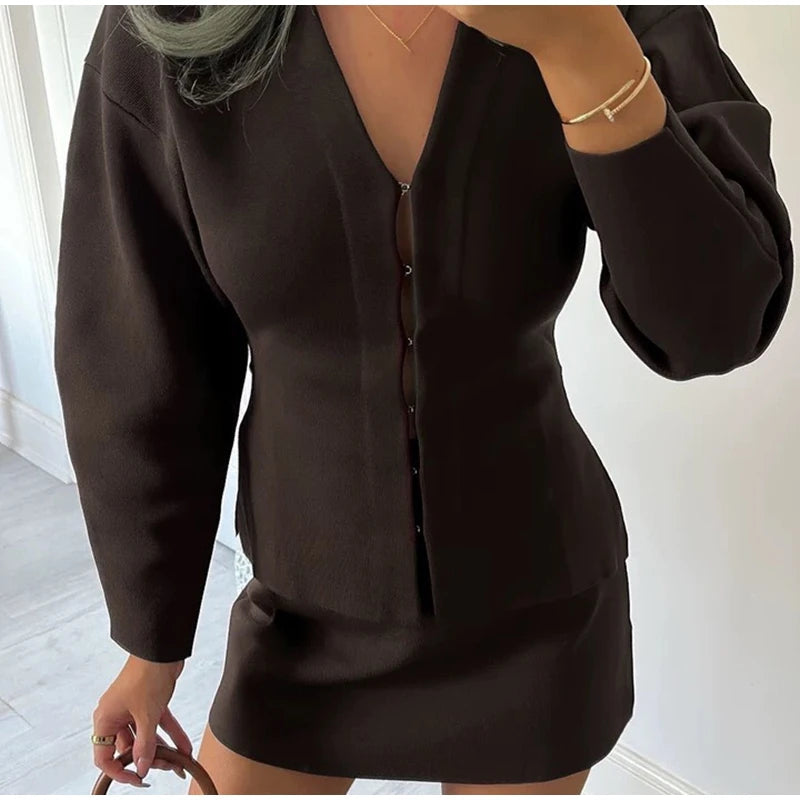 Elegant Knit Two Piece Set With Front Cutout and V Neck For Women