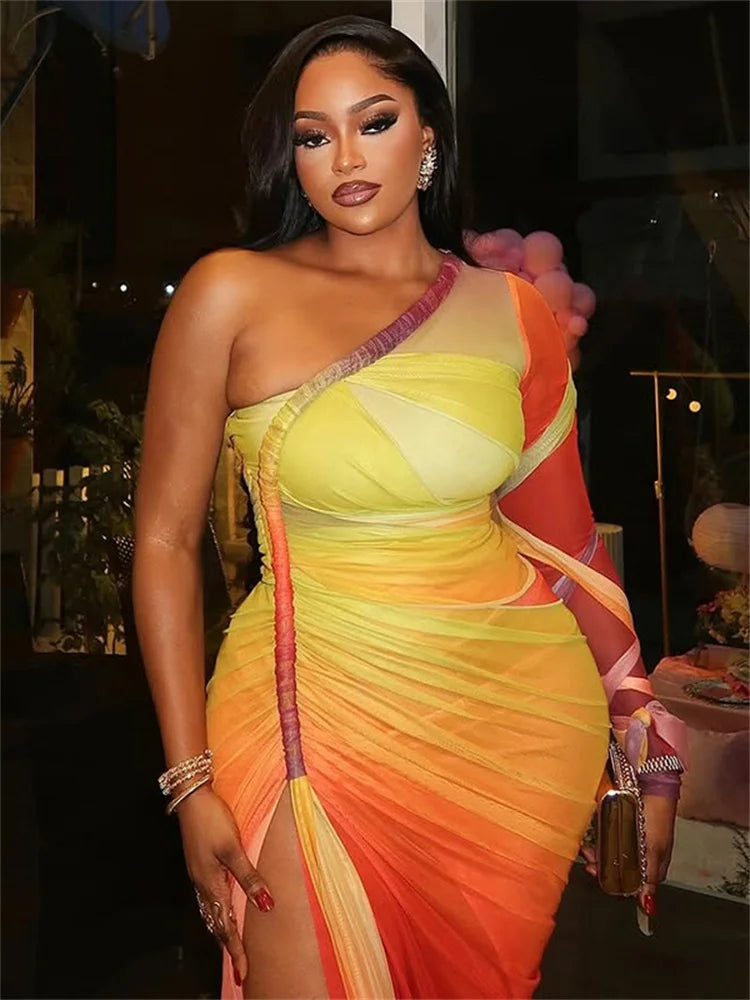Elegant Gradient Mesh Shirred Midi Dress for Women