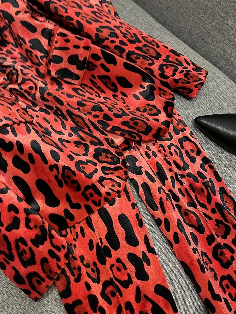 HIGH STREET Newest Fashion 2026 Designer Suit Set Women's Single Button Leopard Printed Velvet Blazer Pencil Pants Suit 2PCS