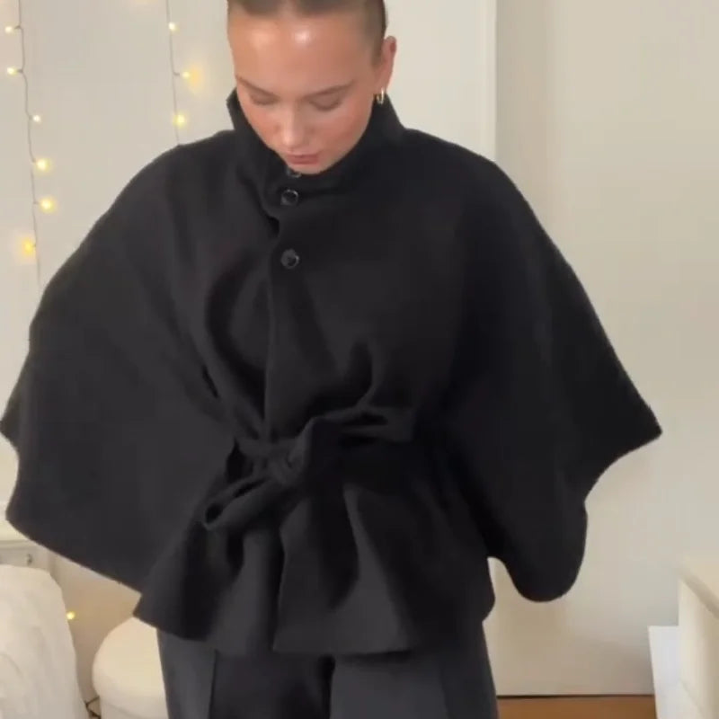 Womens Short Cape Coats For Women Belt Faux Wool Blends Coats Autumn Winter Solid Coats Elegant Cloak Jacket Ladies 2025