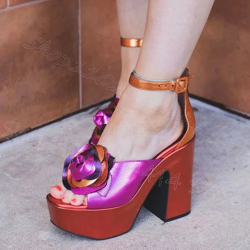 Rose Red Open Toe Platform Sandals with Buckle Strap for Women