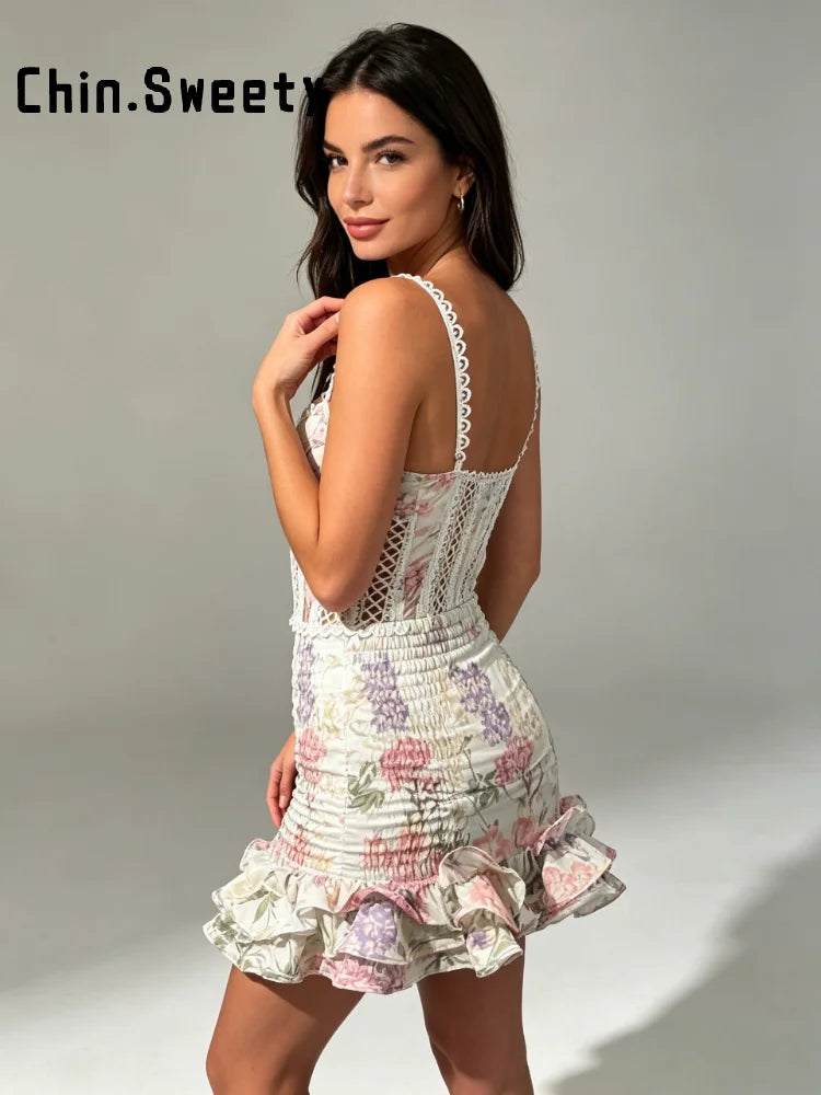 Floral Ruffle Mini Skirt Set With Lace Trim Top For Women