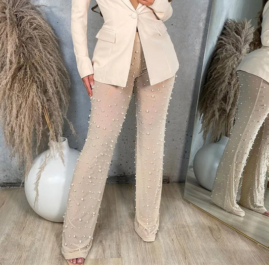 Pearl Embellished Wide Leg Pants