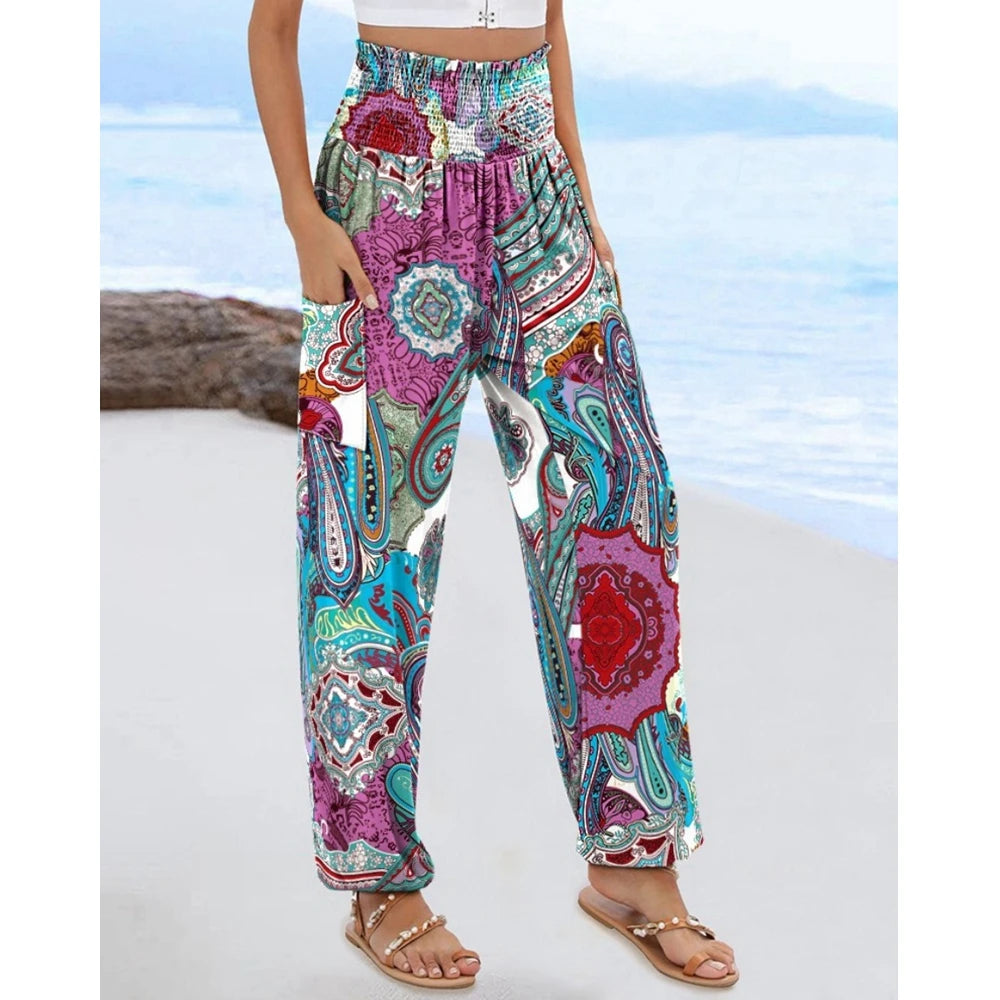 Women's High Waist Floral Print Pocket Cuffed Pants – Casual Sporty Streetwear Trousers with Shirring Elastic Waist