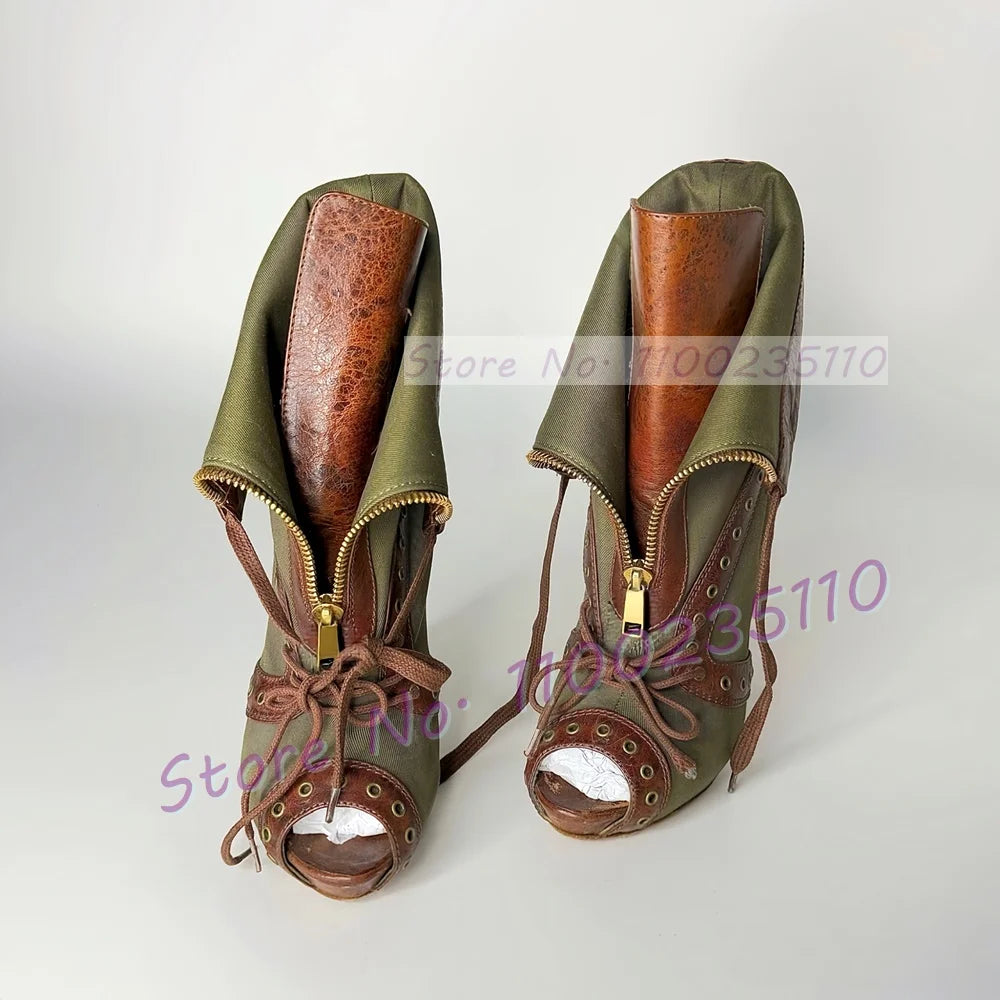 Army Green Denim Patchwork Cross Strap Sandals for Women