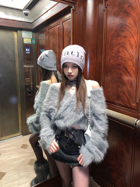 Korean High-end Design Halterneck Off-shoulder Loose Sweater Short Women's Casual Imitation Mink Fur Versatile Spring Summer Top