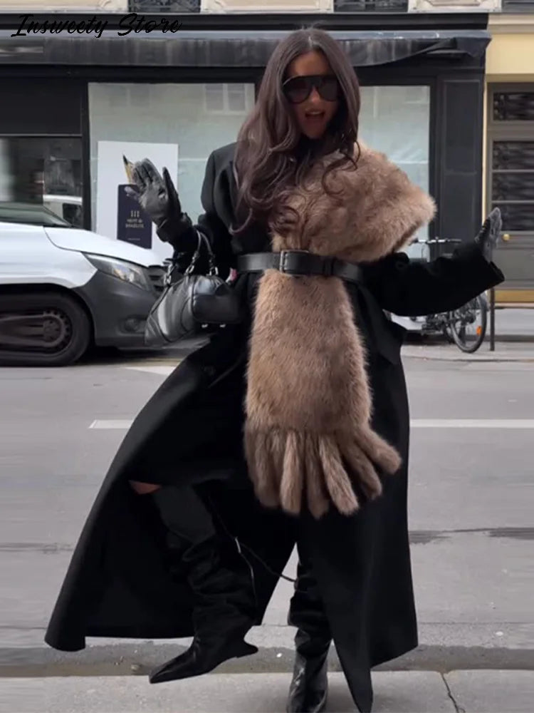 Long Thick Plush Faux Fur Scarf With Fringe for Women