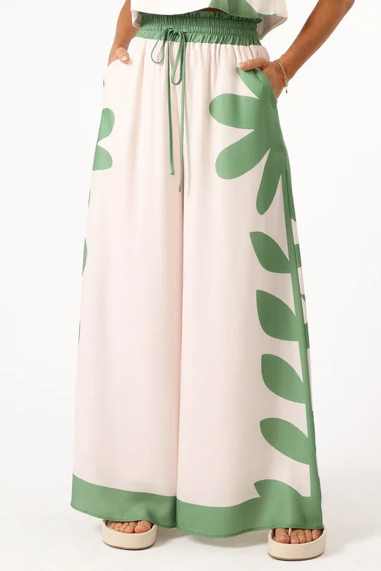 Casual Summer Print High Waist Wide Leg Two Piece Set for Women
