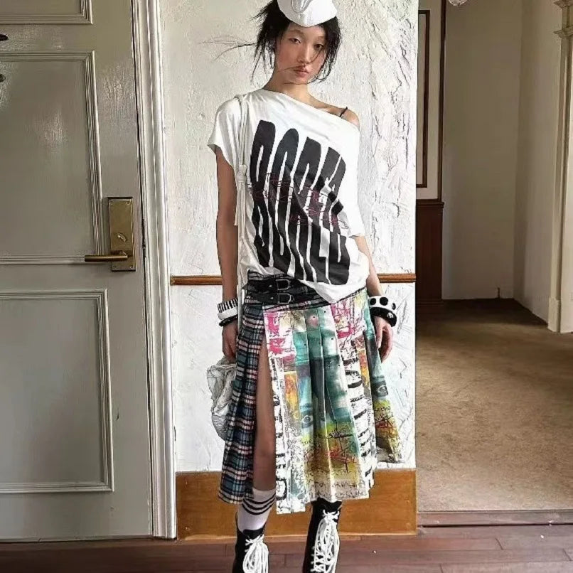 Polyester Cotton Unique Printed Split Midi Skirt for Women