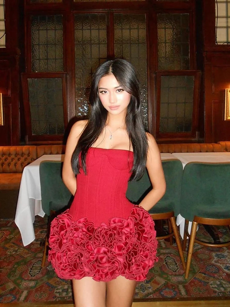 Women's Sexy Strapless Red Mini Skirt and Off-Shoulder Corset Top Two-Piece Set Lace Up Elegant Quality Luxury Party Dress