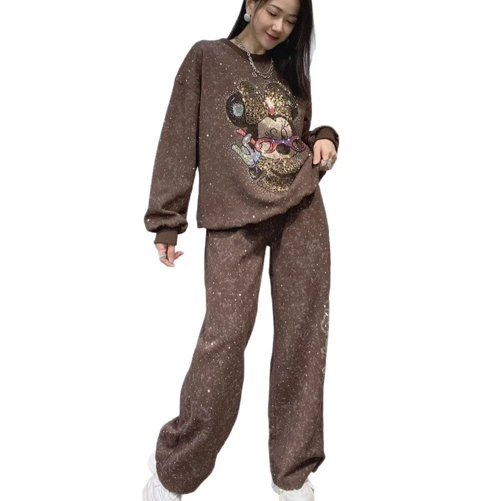Autumn Winter Rhinestone Long Sleeve Round Neck Pullover Sweatshirt and Long Pants Set Fashion Woman Clothes Outfits 2025 New