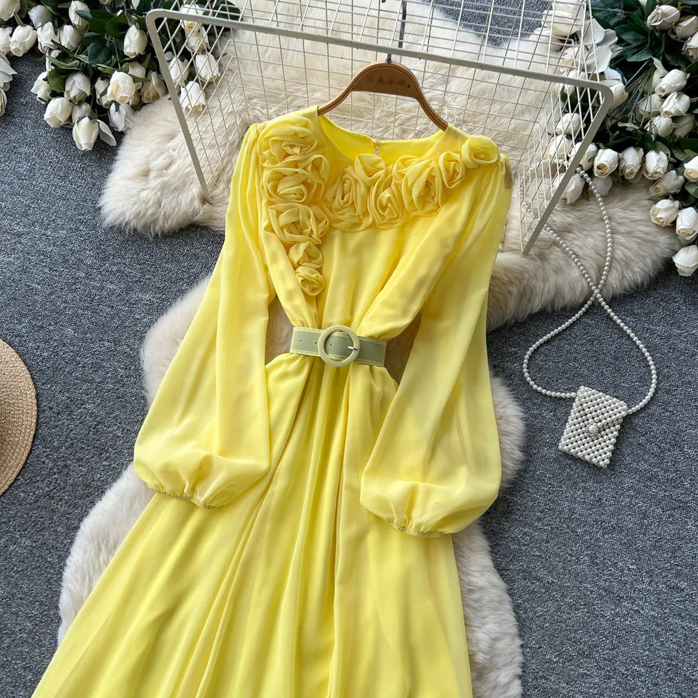 Floral Lace V Neck Long Sleeve A Line Midi Dress for Women