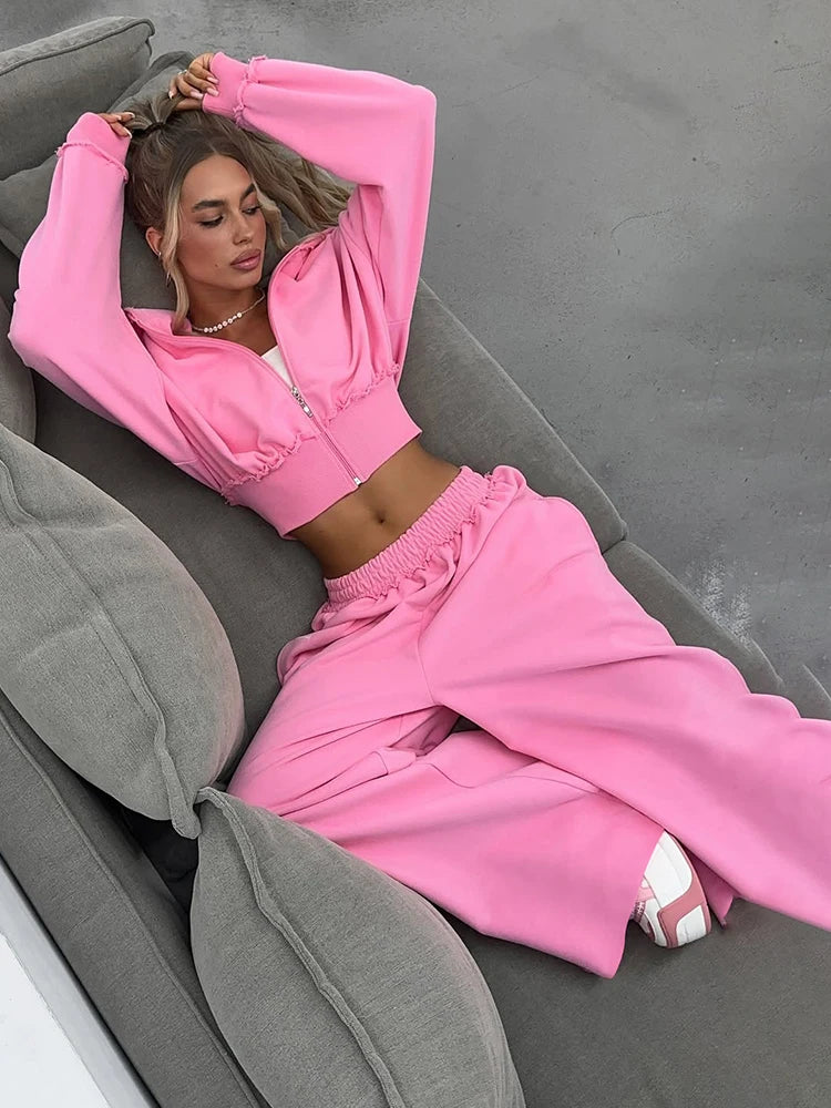 Patchwork Zip Hooded Crop Tracksuit Set