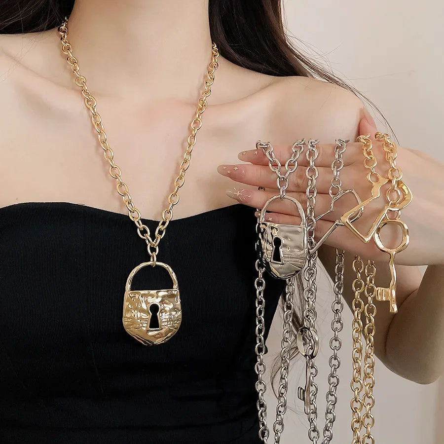 Textured Lock Pendant Necklace