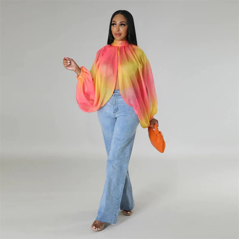 Printed Batwing Sleeve Chiffon Blouse With Sheer Front for Women