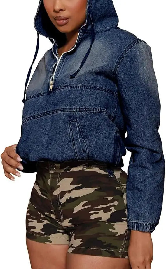 Hooded Denim Pullover Casual Short Jacket for Women
