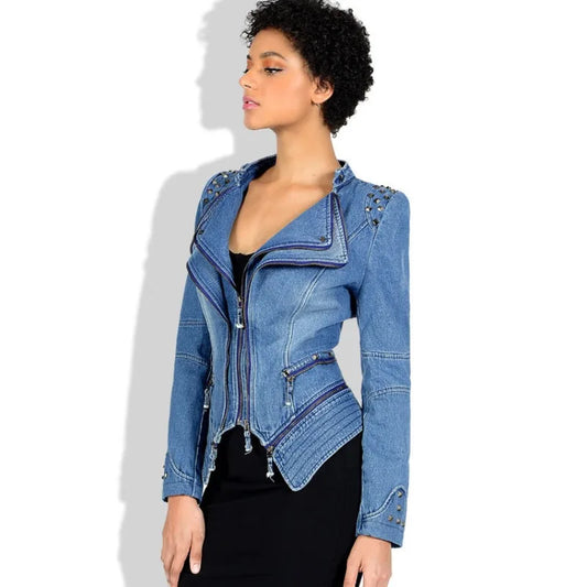 Women's Jacket, Denim Coat, Slim Fit, Shoulder Shrugs, Rivet Zipper Splicing