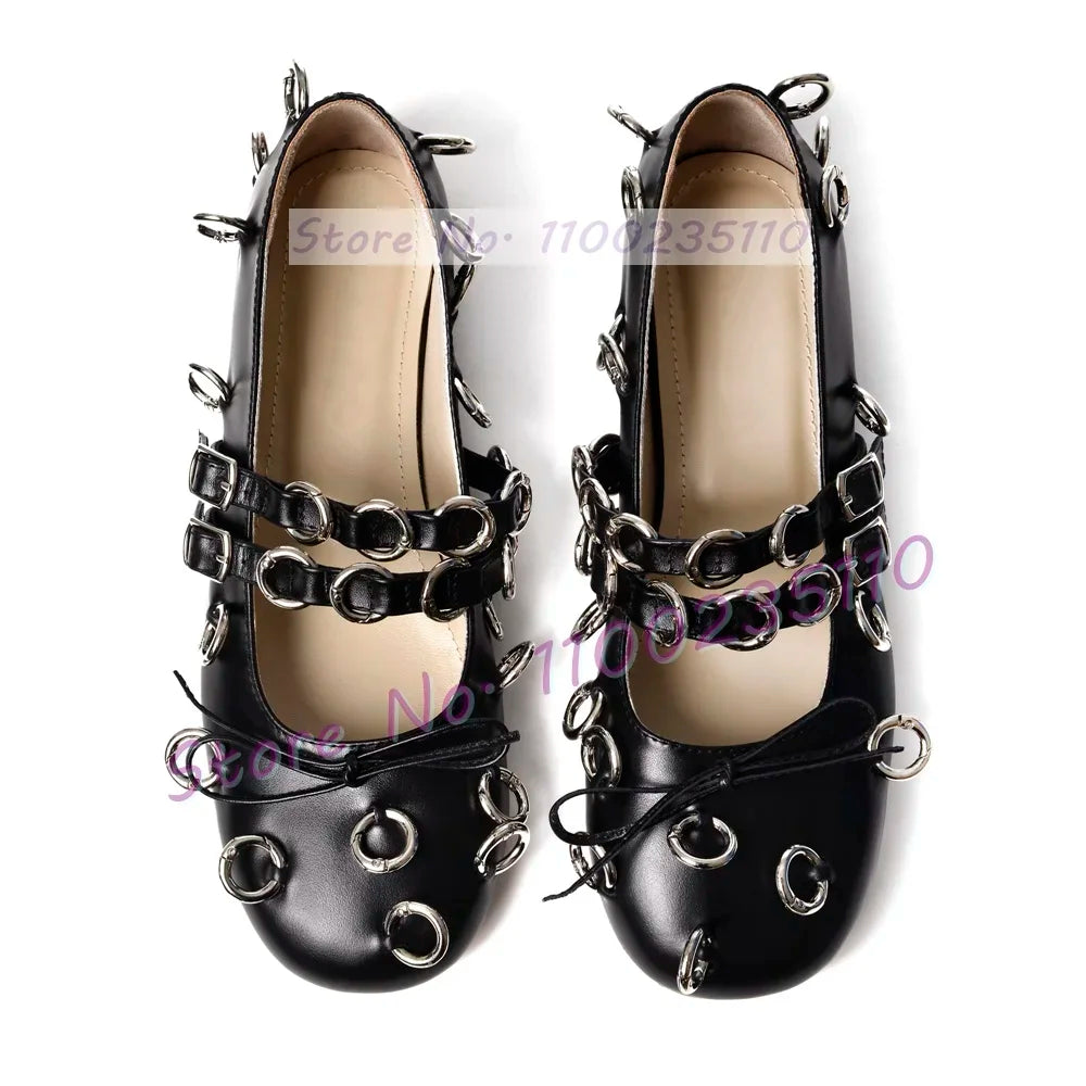 Elegant Round Toe Bow Detail Metal Loop Ballerina Sandals for Women