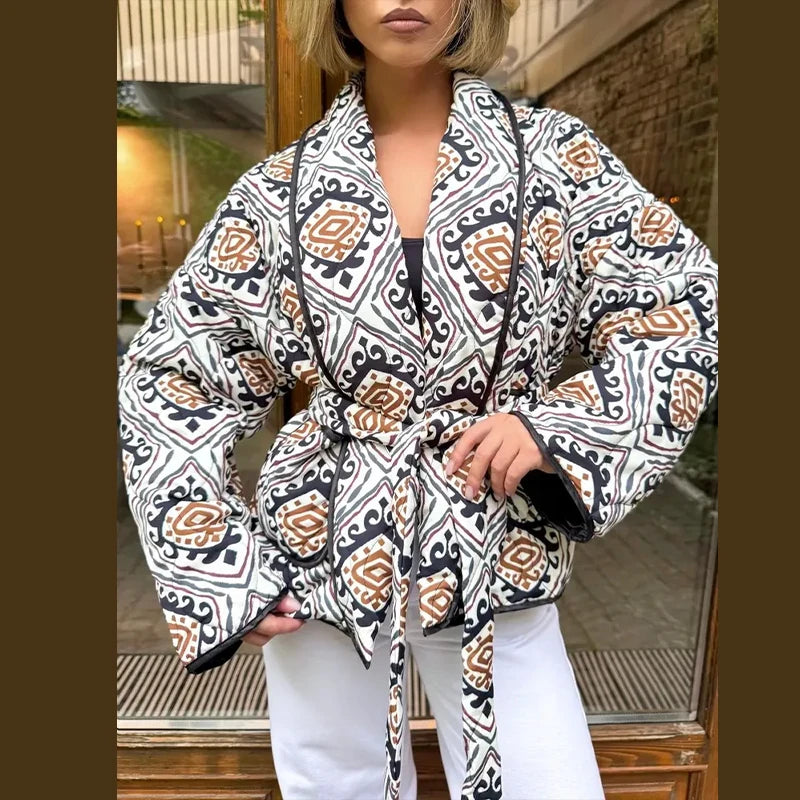 Printed Cotton Padded Winter Coat with V Neck for Women