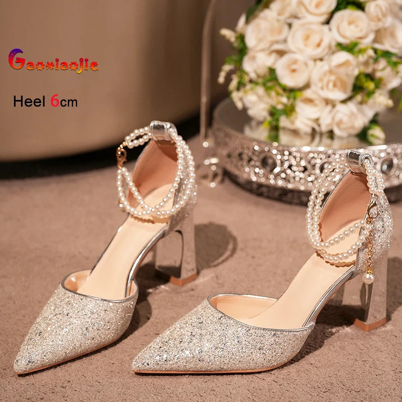 Pearl Embellished High Heel Ankle Strap Sandals for Women