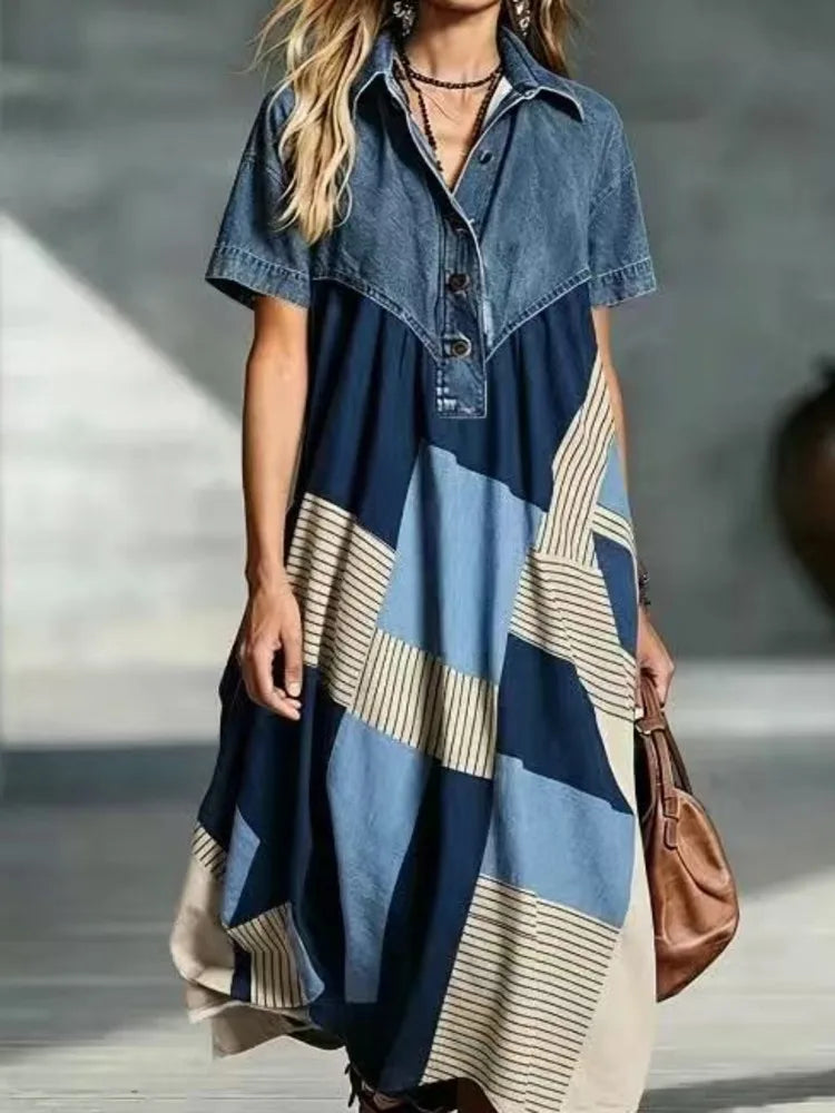 Leopard Print Denim Panel Maxi Dress