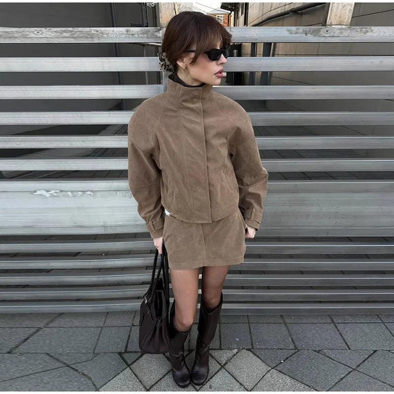 Vintage Suede Jacket and Mini Skirt Two Piece Set for Women