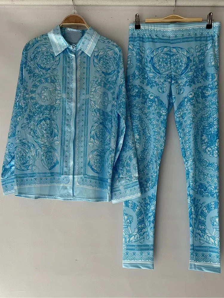 Retro Print Lapel Shirt Two Piece Suit