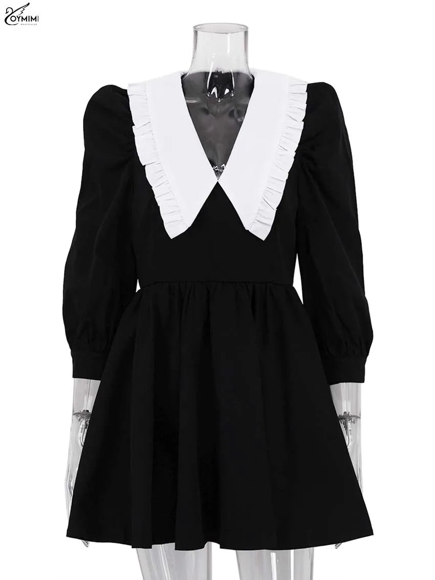 Oymimi Elegant Black Patchwork Women's Dress Casual Peter Pan Collar Three Quarter Sleeve Dresses Fashion Pleated Mini Dresses
