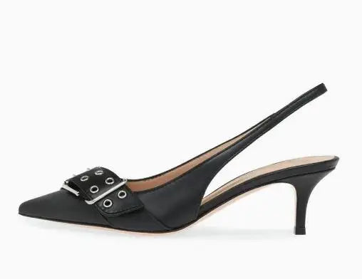Matte Leather Big Buckle Kitten Heel Slingback Sandals for Women