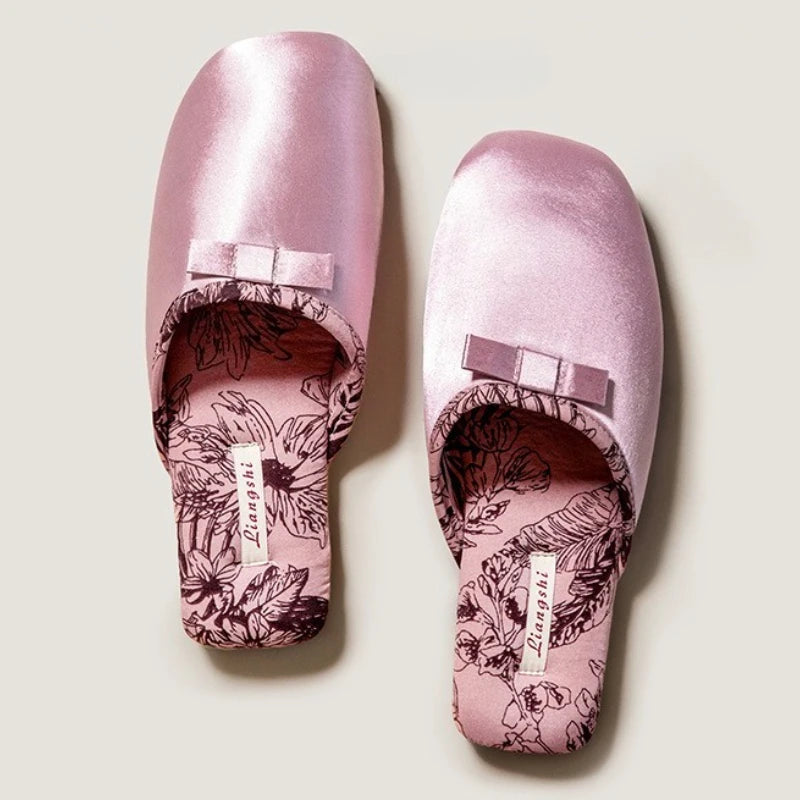 Elegant Silk Print Butterfly Knot Flat Slippers for Women