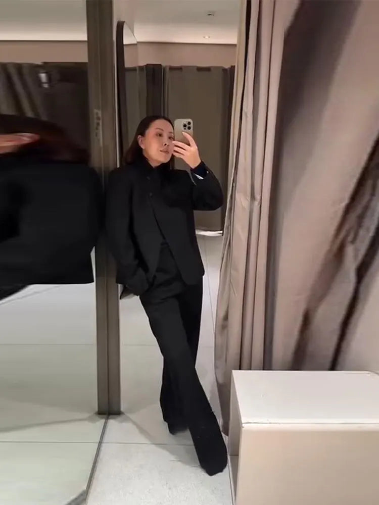 Elegant Stand Collar Coat and Trousers Set for Women