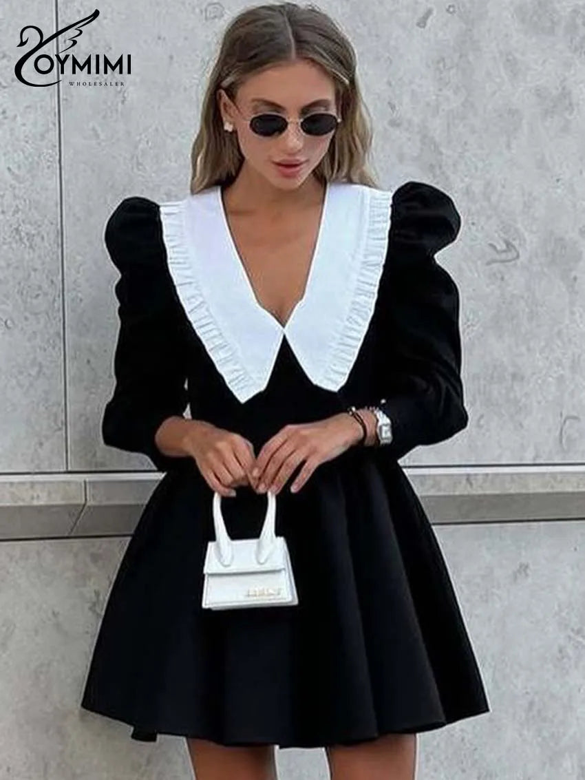 Oymimi Elegant Black Patchwork Women's Dress Casual Peter Pan Collar Three Quarter Sleeve Dresses Fashion Pleated Mini Dresses