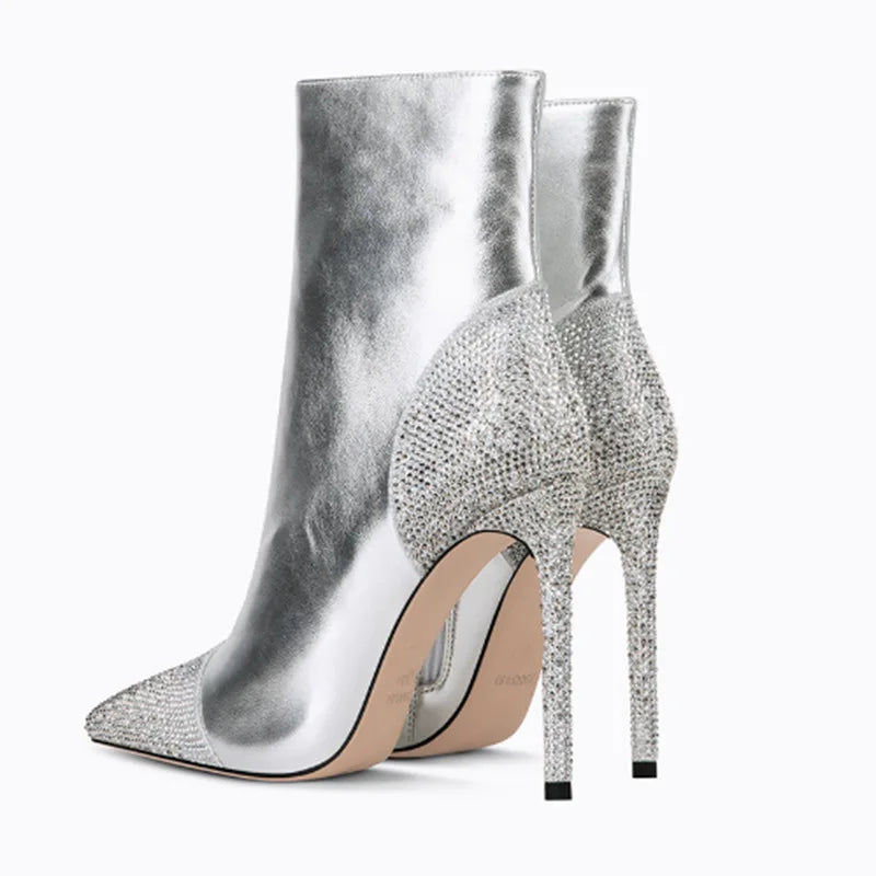 Sparkling Crystal Pointed Toe High Heel Party Stiletto Ankle Boots for Women